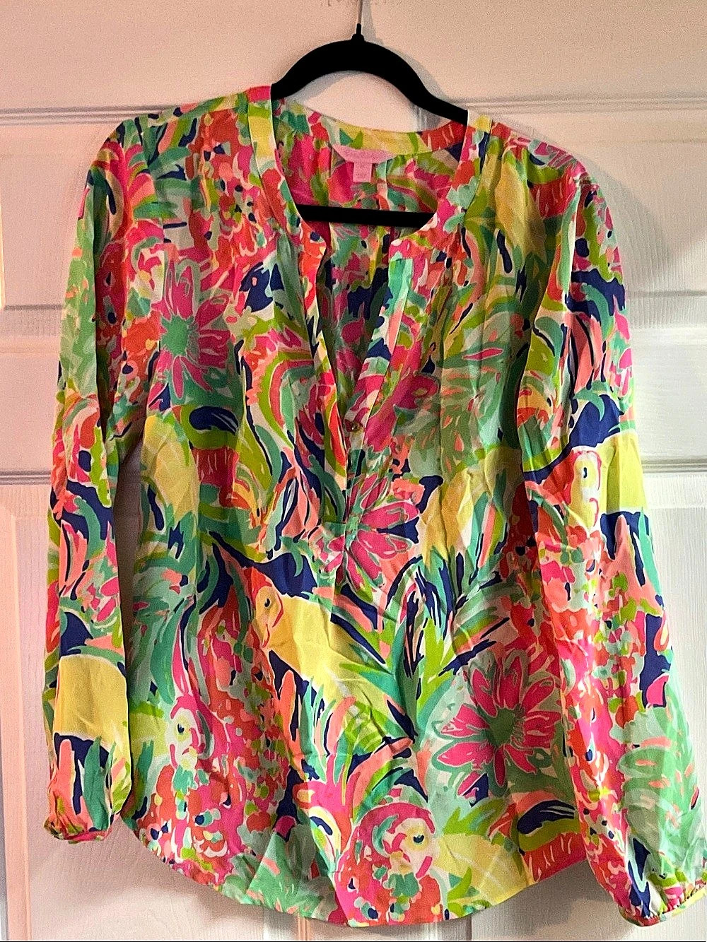 Lilly Pulitzer Elsa Silk Top Floral Blouse Green & Pink Size Medium